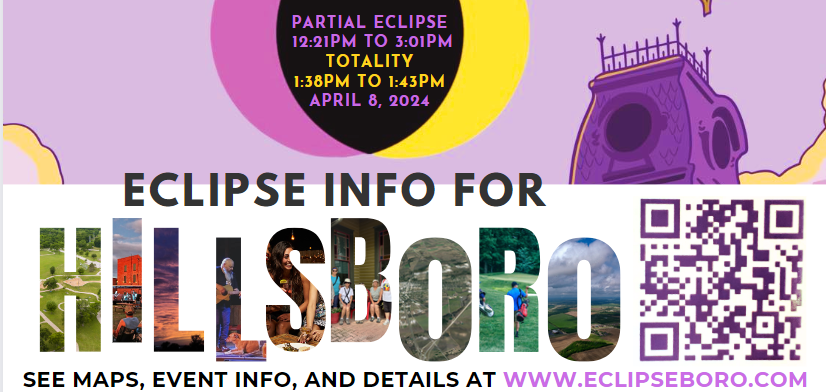 eclipse information for Hillsboro, Texas April 8th eclipse, and glasses with the safest ISO and AAS endorsement are $2.00 each.  